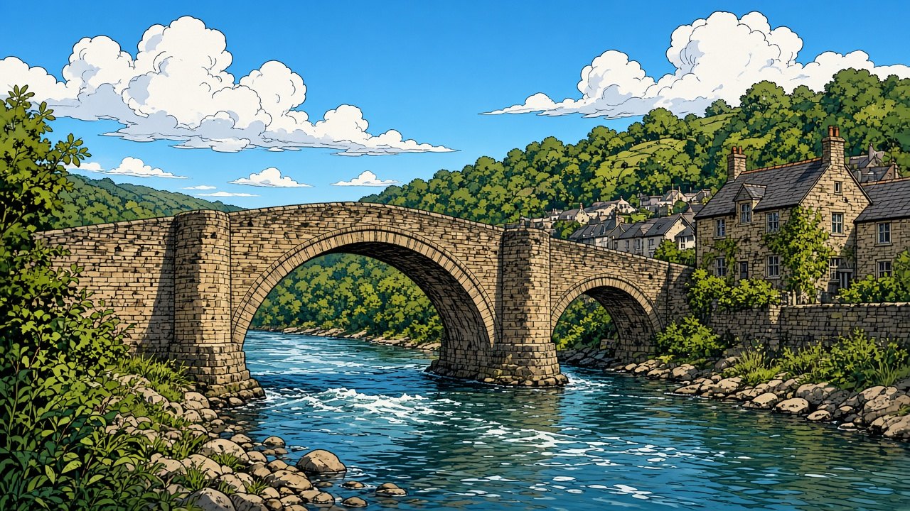 Comic-style illustration of Bridgend Old Bridge on the River Ogmore