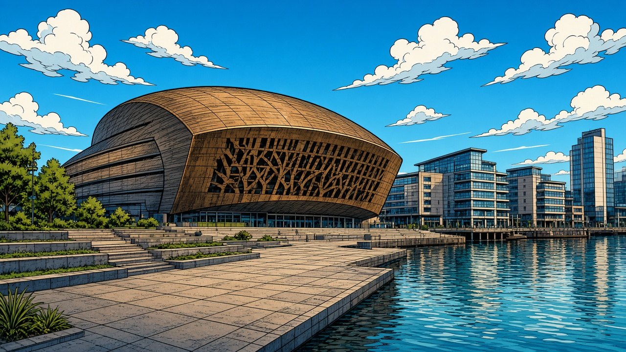 Comic-style illustration of Cardiff Bay and the Wales Millennium Centre