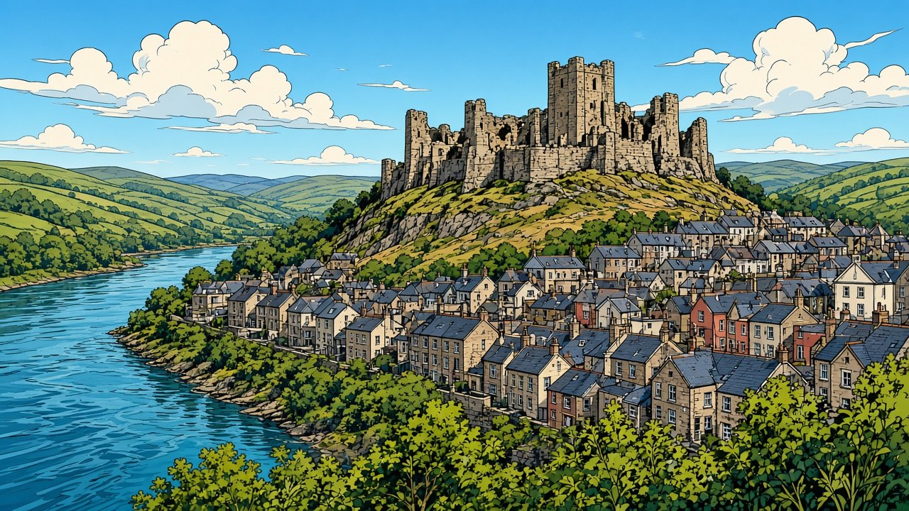 Comic-style illustration of Carmarthen Castle
