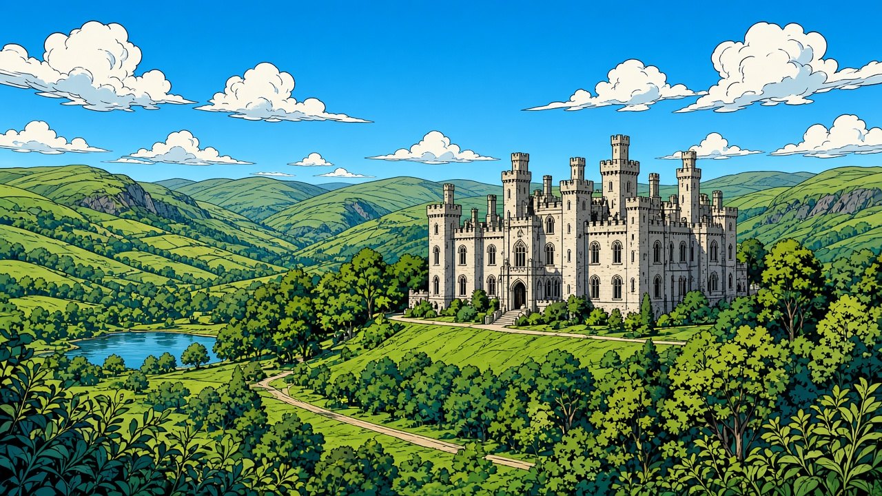 Comic-style illustration of Cyfarthfa Castle in Merthyr Tydfil