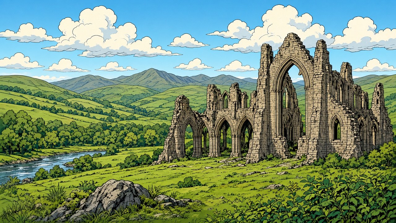 Comic-style illustration of Neath Abbey