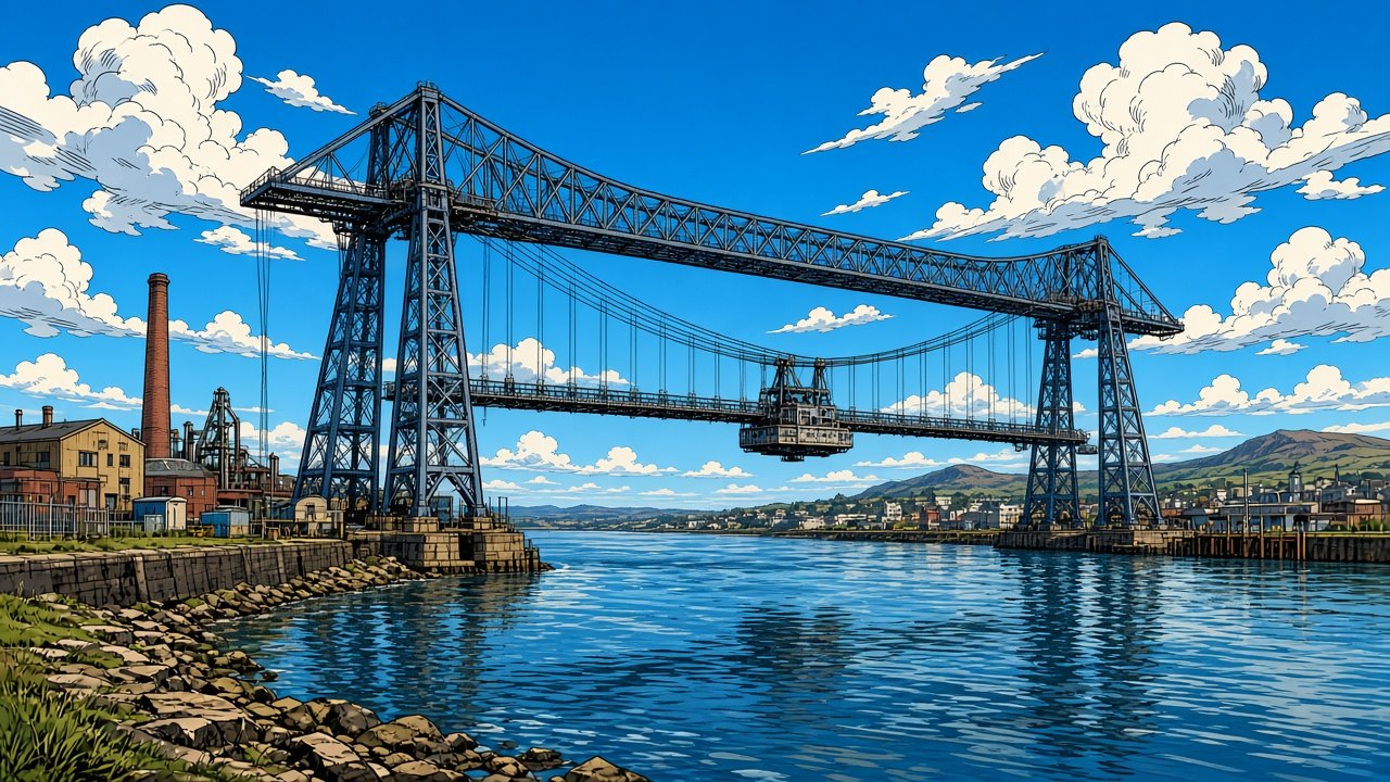 Comic-style illustration of the Newport Transporter Bridge