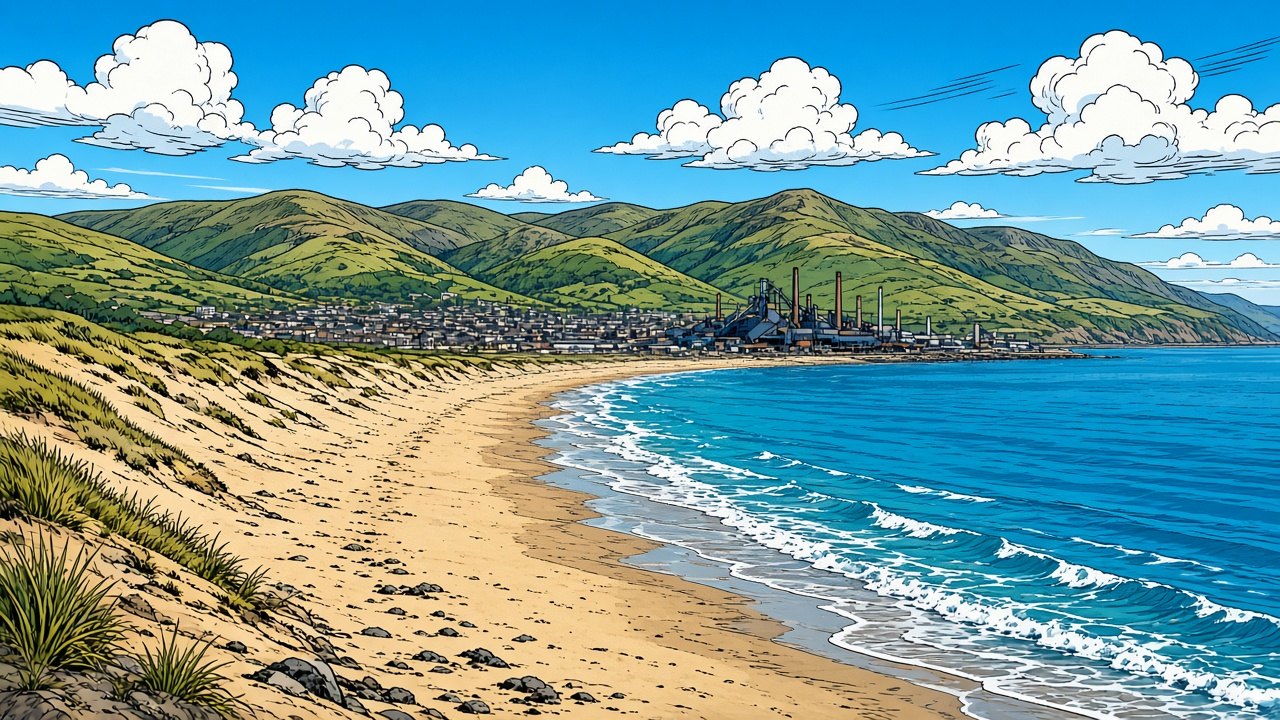 Comic-style illustration of Aberavon Beach in Port Talbot