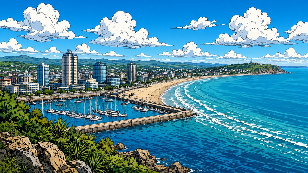 Comic-style illustration of Swansea Bay and the marina