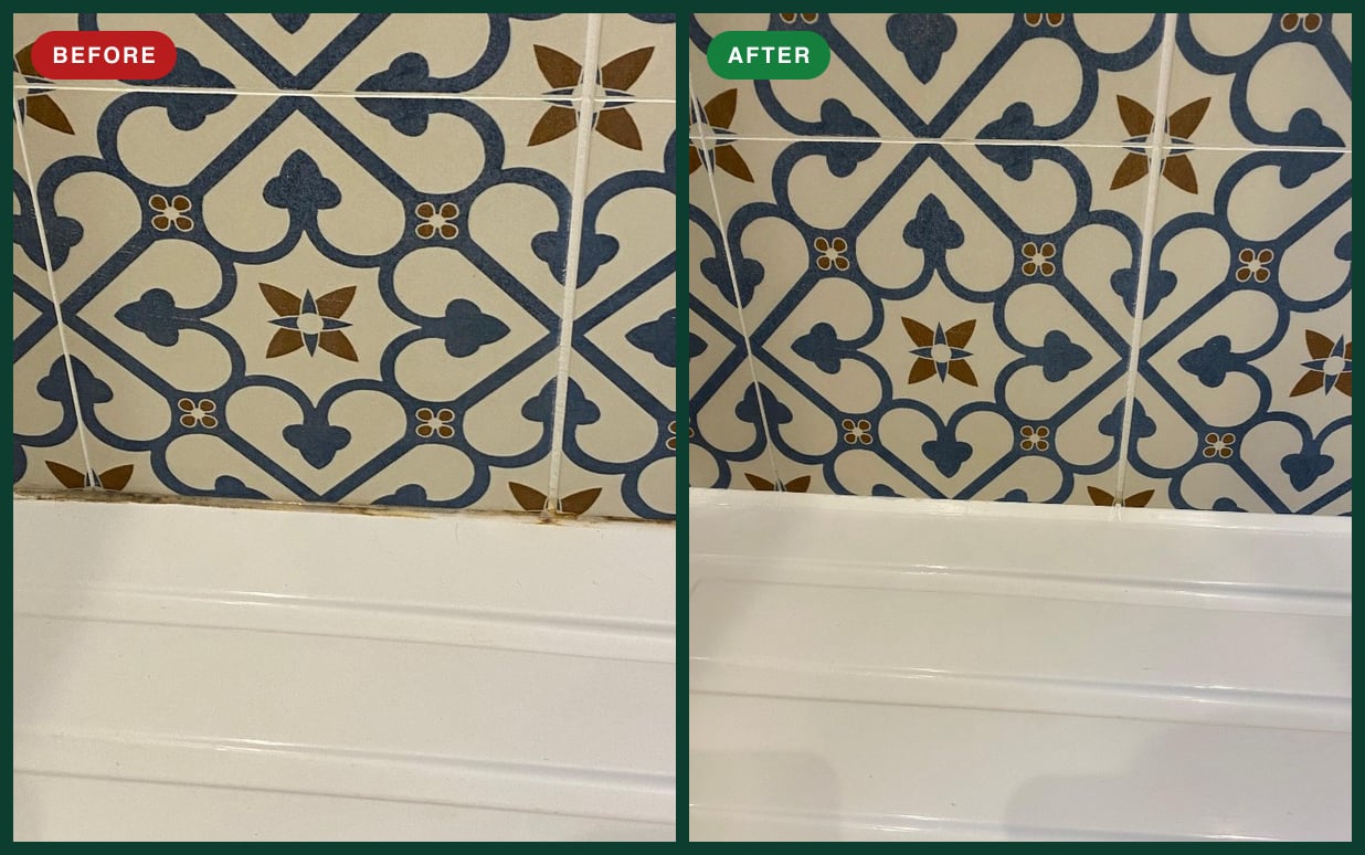 Shower tray to tile seal before and after — stained, mouldy old silicone under patterned feature tiles replaced with a clean white seal in South Wales