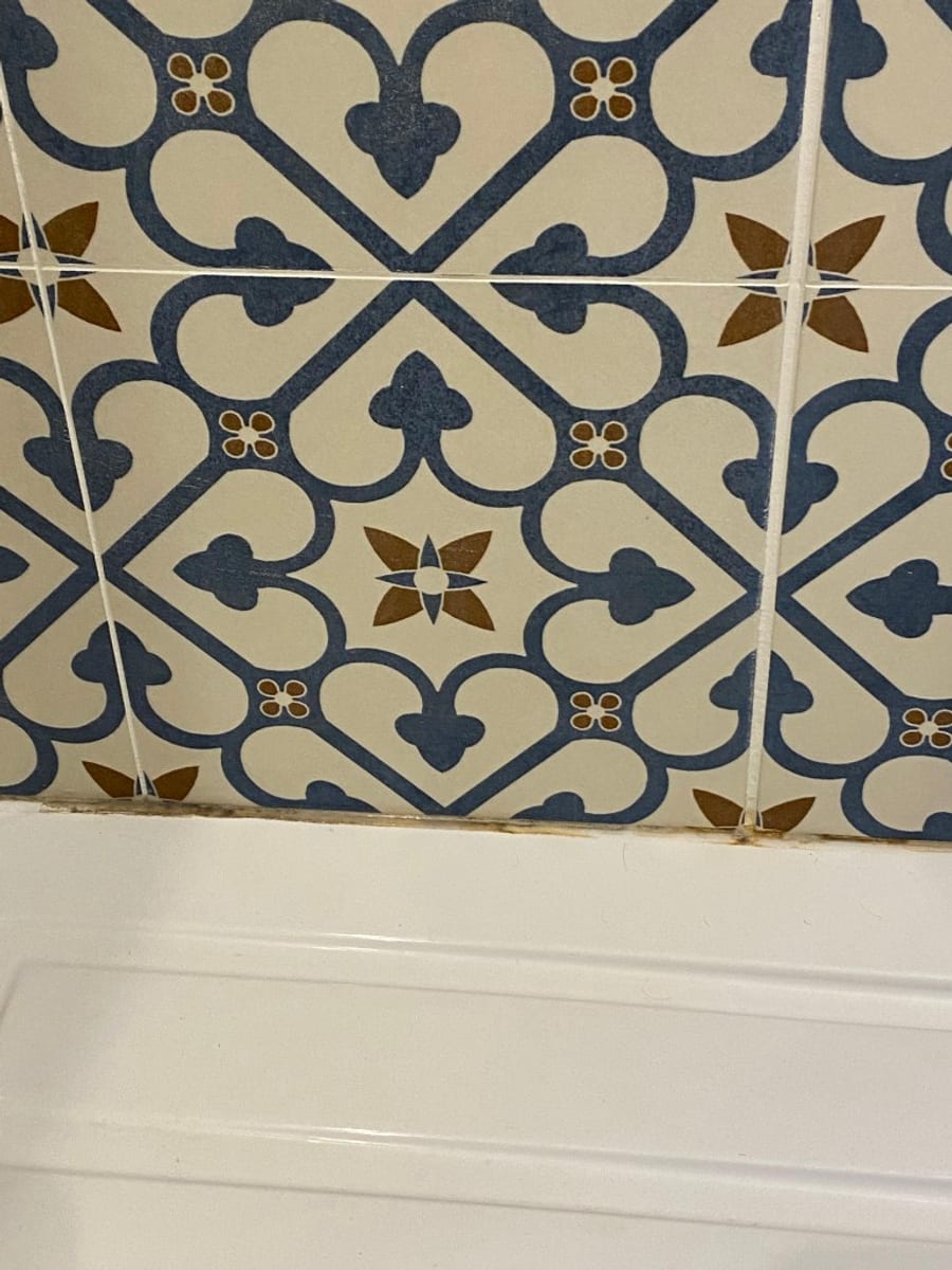 Old shower tray silicone stained brown and black with mould along the bottom of blue and cream patterned feature tiles