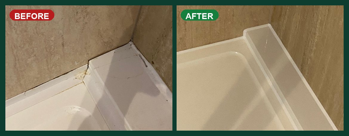 Shower tray corner before and after — stained, split silicone and a gap replaced with a neat white bead in South Wales