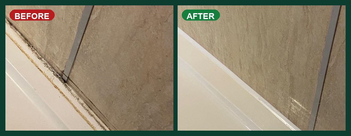 Shower tray silicone joint before and after — cracked mouldy seal replaced with a continuous white bead along the tray in South Wales