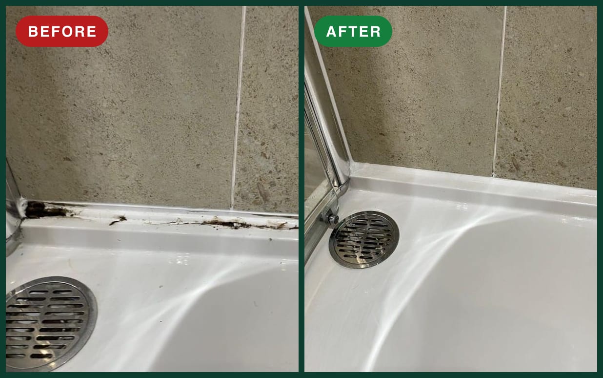 Shower tray reseal before and after — split, mouldy silicone replaced with a neat continuous white bead along the tray, tiles and enclosure in South Wales